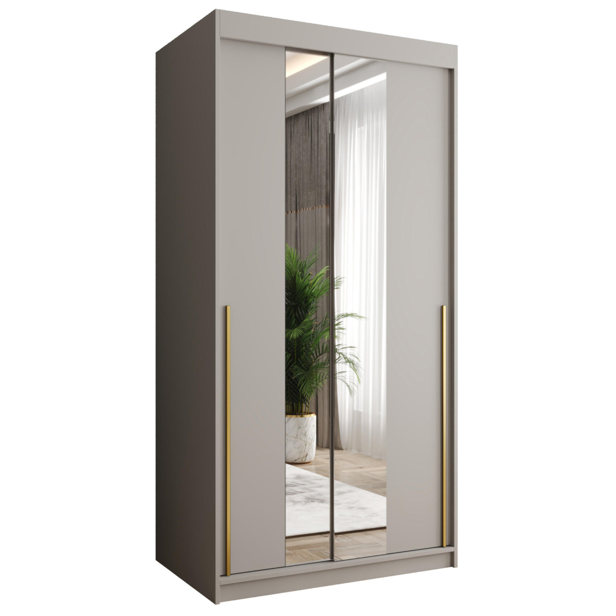 SCHWEBETÜRENSCHRANK mit Spiegel 100 cm Breite Kaschmirmit Goldgriff - Kaschmir/Goldfarben, Holzwerkstoff (100/200/62cm) - Home Collective