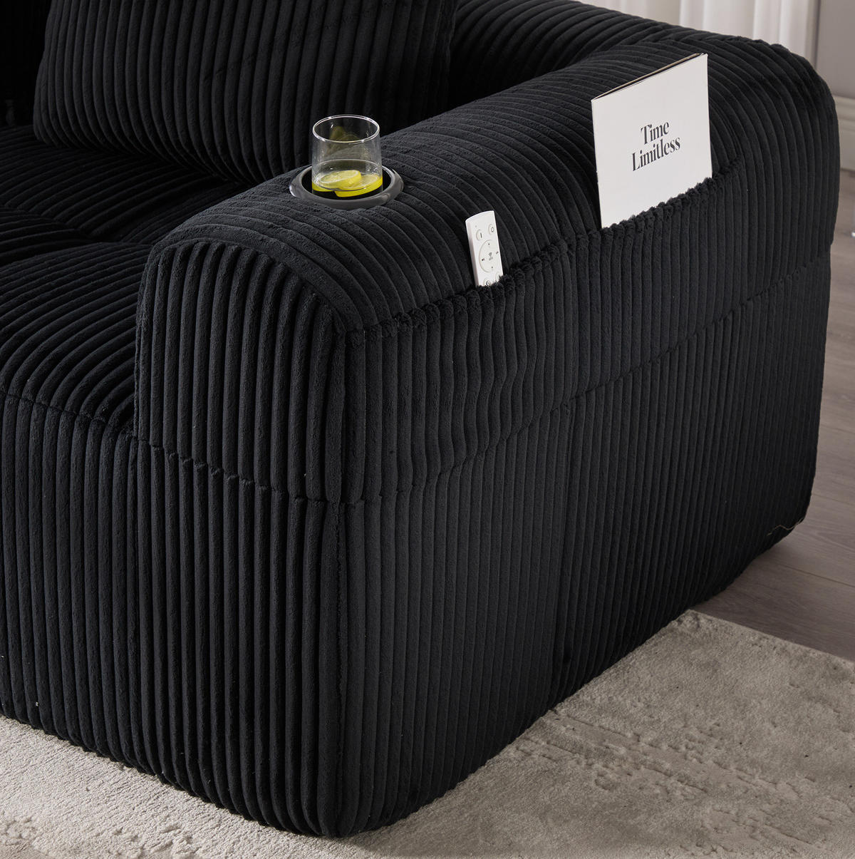 KOMPAKTSOFA aus Cord 253x158x61 cm in Schwarz mit Seitenfächern & Becherhaltern - Schwarz, Textil (158/61/253cm) - Modfu