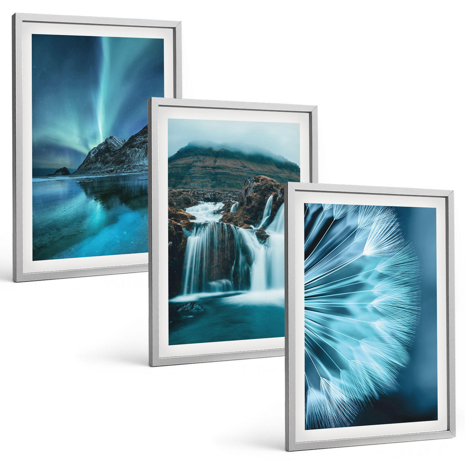 BILDER SET 3er Set - 40x60 cm Silberner Rahmen - Winterlandschaften mit Wasserfällen - Silberfarben, Kunststoff (40/60cm) - TULUP