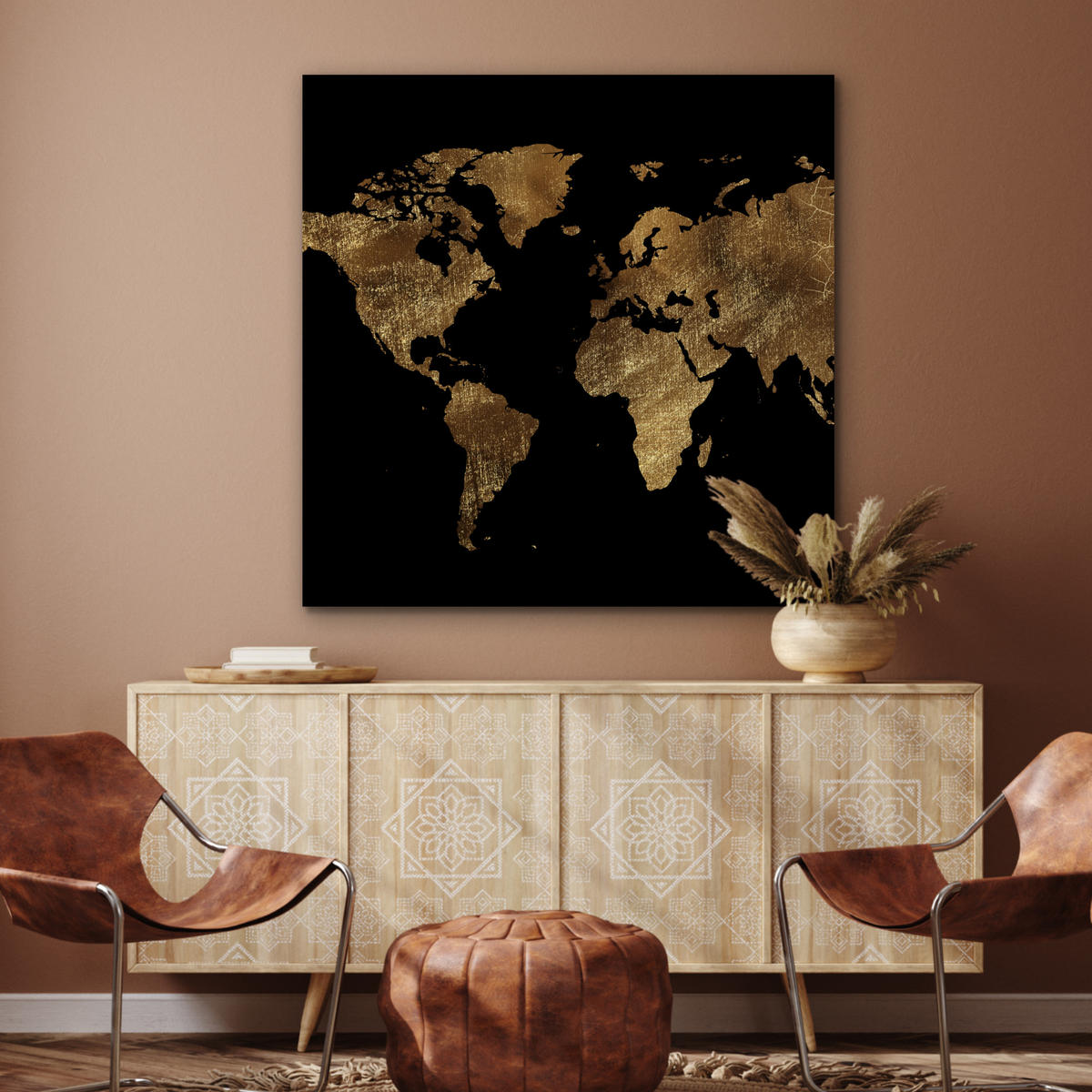 KOVOVÝ OBRAZ Mapa sveta - Zlato - Luxus - Zem - Čierna 90x90 cm - zlatá, kov (90/90cm) - MuchoWow