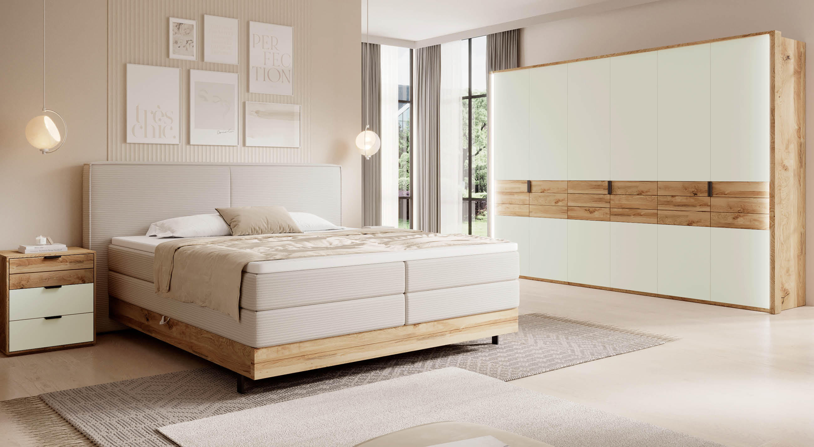 Ein helles Schlafzimmer mit einem Bett, einem Kleiderschrank und einem Nachttisch.