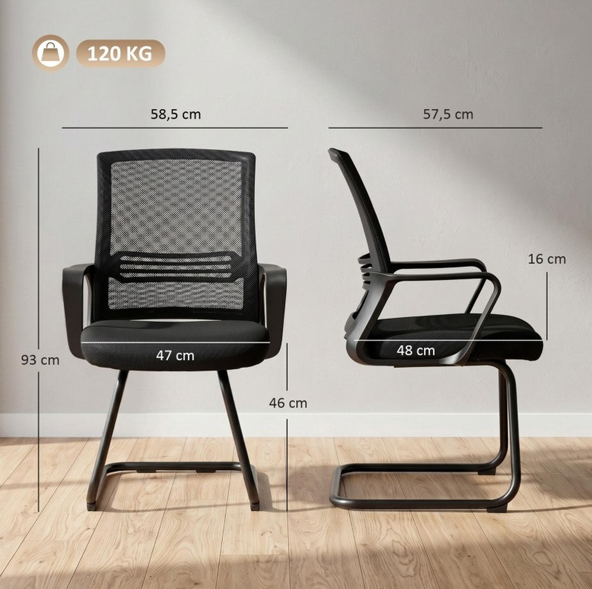 BESUCHERSTÜHLE im 2er-Set in Schwarz 57,5x58,5x93 cm mit Netzrückenlehne und Kufengestell - Schwarz, Textil (58.5/93/57.5cm) - IVMEU