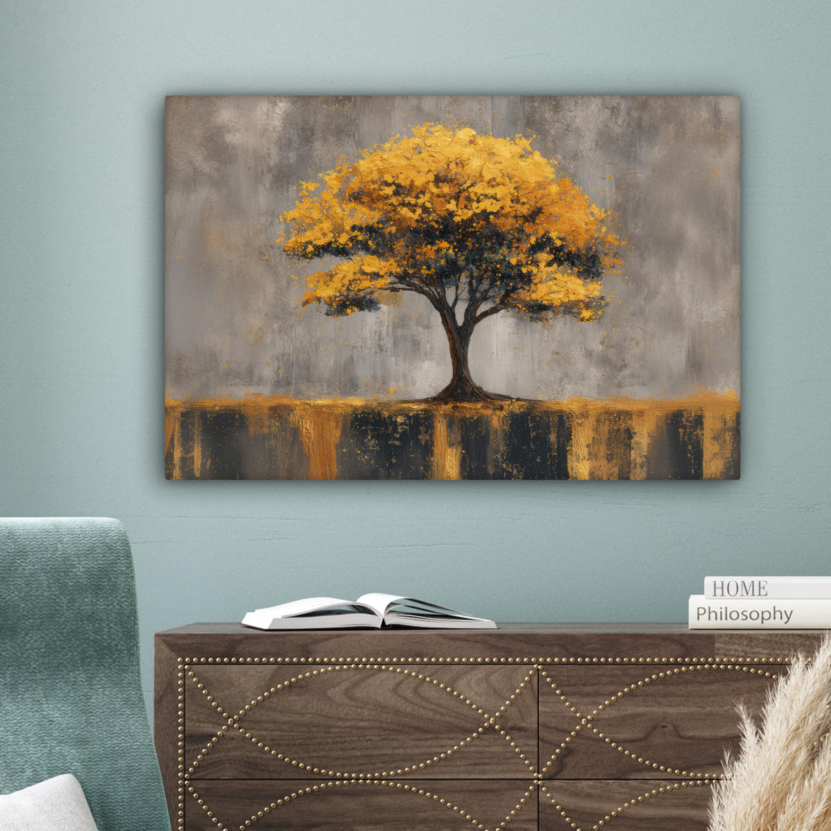 LEINWANDBILD Baum - Blätter - Gold - Abstrakt Gemälde 60x40 cm - Grau, Textil (60/40cm) - MuchoWow