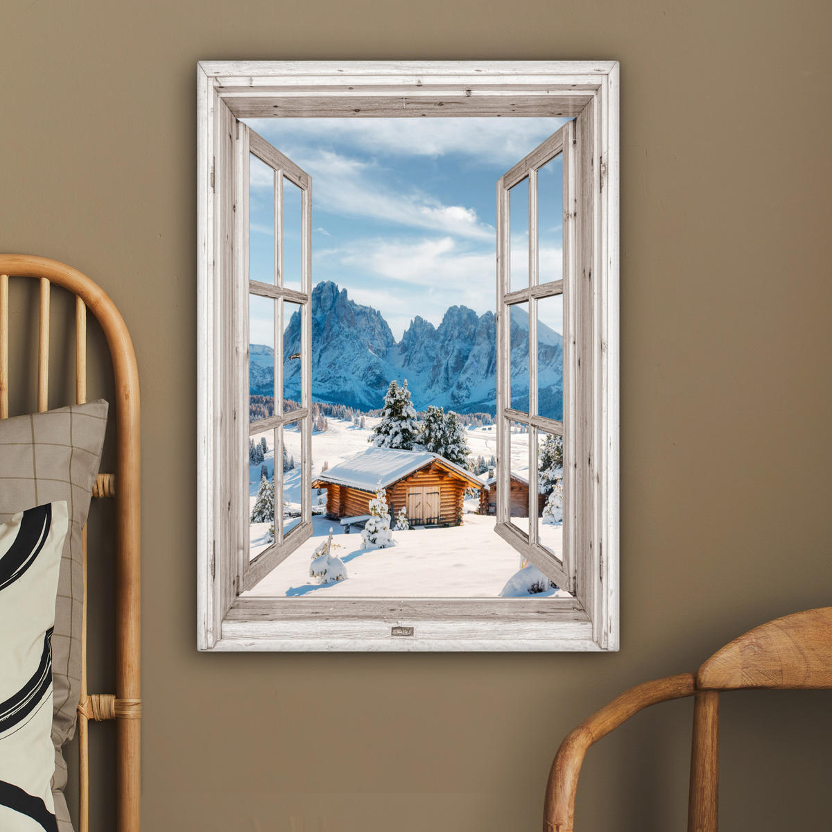 LEINWANDBILD Winterlandschaft - Hütte - Berge - Ausblicke - Aussicht - Natur 60x80 cm - Weiß Hochglanz, Textil (60/80cm) - MuchoWow