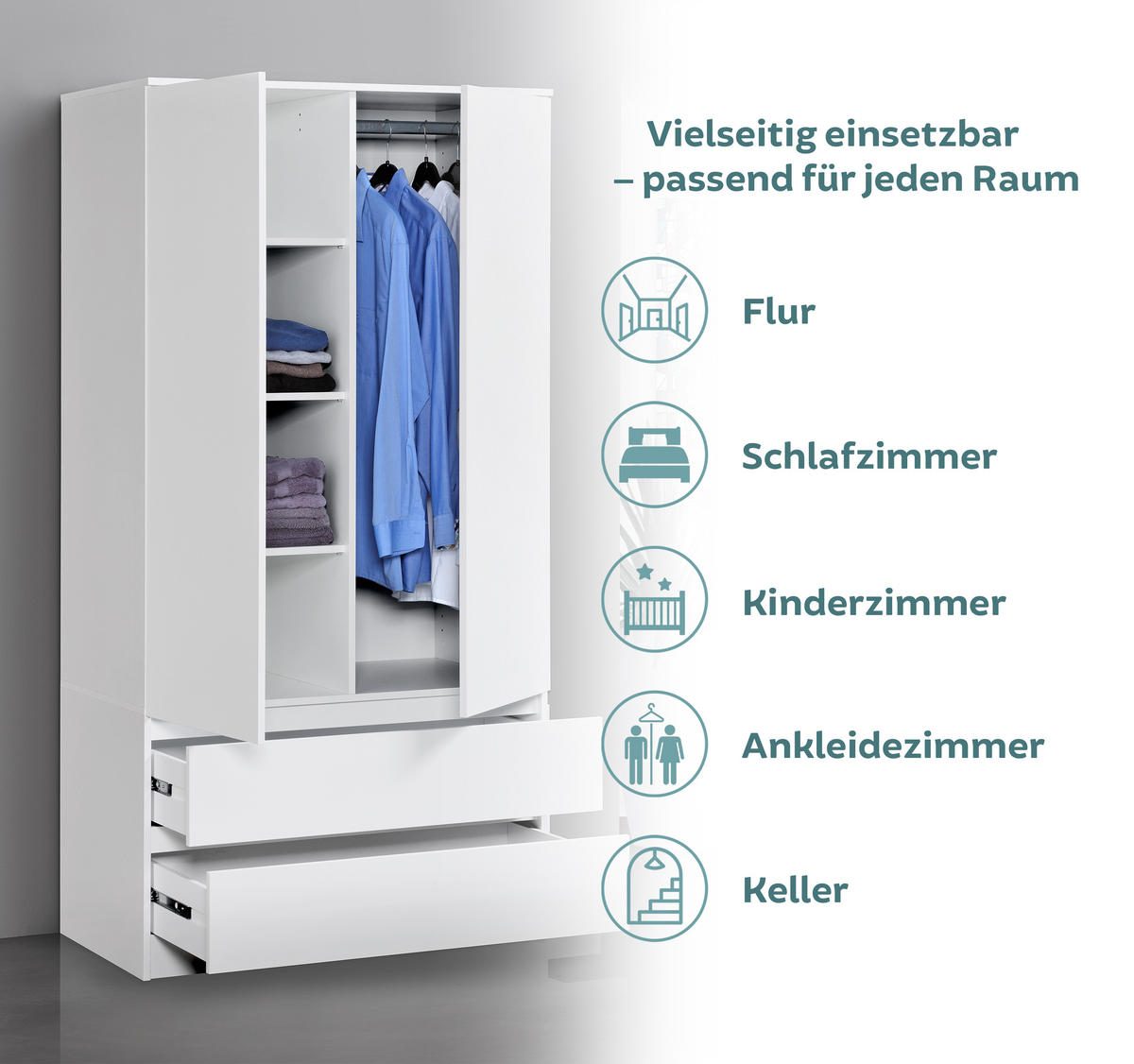 GARDEROBE mit 2 Türen, 3 Einlegeböden und 2 Schubkästen in weiß - Weiß, Holzwerkstoff (90/182/51cm) - Home Collective