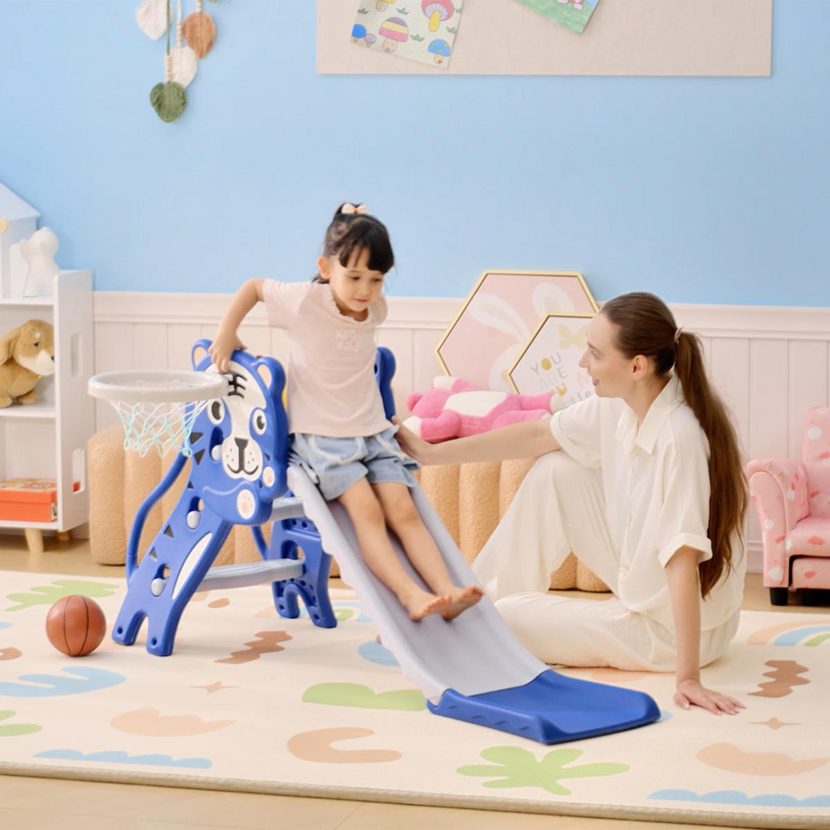 KINDERRUTSCHE DE-17970 3-in-1 mit Basketballkorb & Tigermotiv Blau - Blau, Kunststoff (60/70/133cm) - ComfortXL