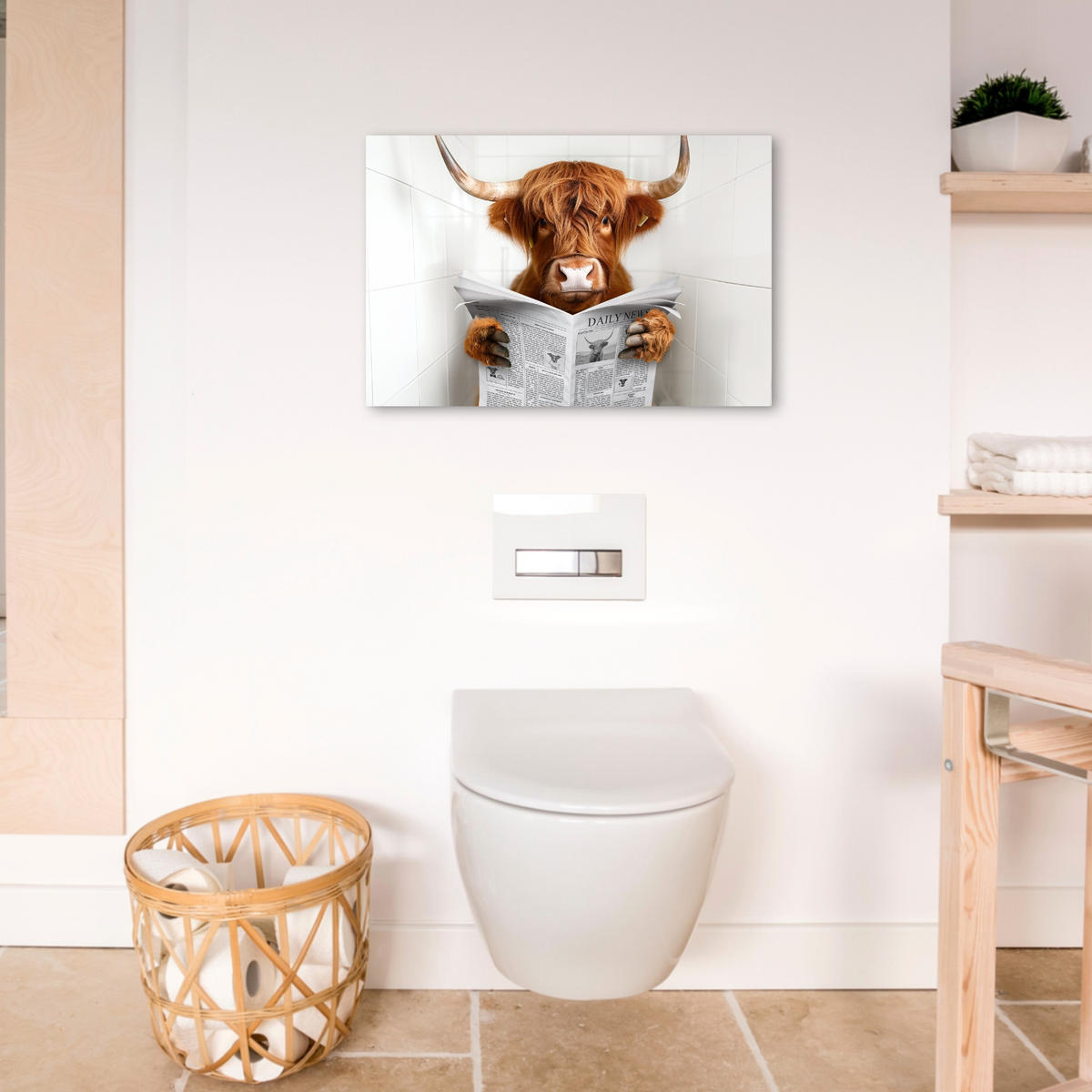 LEINWANDBILD Schottischer Highlander - Tier - Zeitung - Toilette Gemälde 60x40 cm - Kastanienfarben, Textil (60/40cm) - MuchoWow