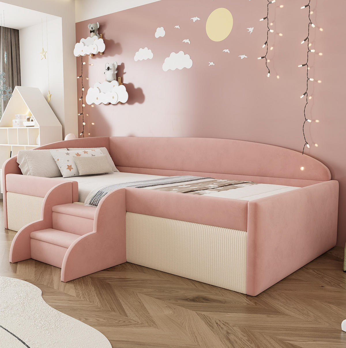 KINDERBETT 90/190 cm rosa-cremeweiß mit Sicherheitsdesign und Samtbezug - Pink, Textil (90/190cm) - OKWISH