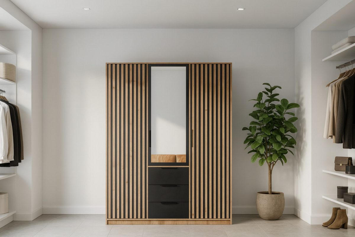 DREHTÜRENSCHRANK LABOO LUX 149/200/58 cm in Eiche Wotan / Schwarz mit Lamellen - Eiche Wotan/Schwarz, Holzwerkstoff (149/200/58cm) - Deine Möbel 24