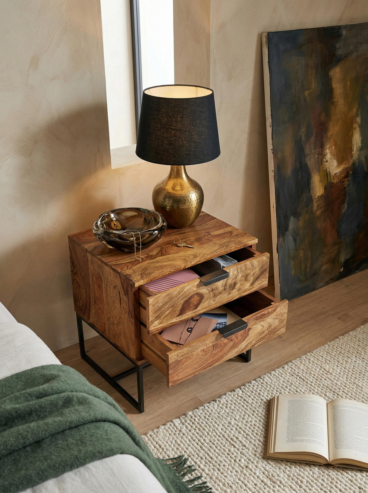 NACHTTISCH – Massivholz/Eisen, 50x40x51 cm, 2 Schubladen, Industrial-Stil - Schwarz/Braun, Holz/Metall (50/51/40cm) - KADIMA DESIGN