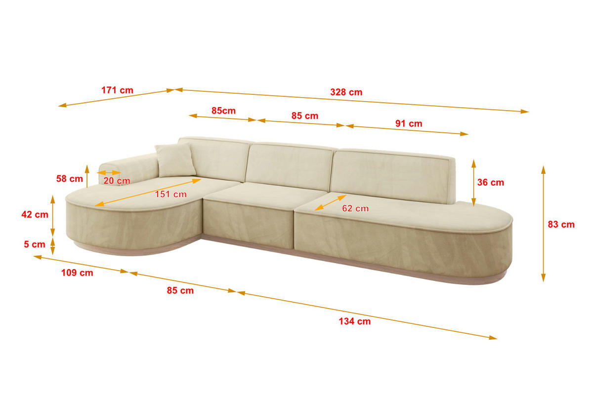 ECKSOFA Ottomane Links MARI-L2-v1 - 328x171x83 cm Beige Velours - Beige, Holzwerkstoff/Textil (328/171cm) - ALTDECOR