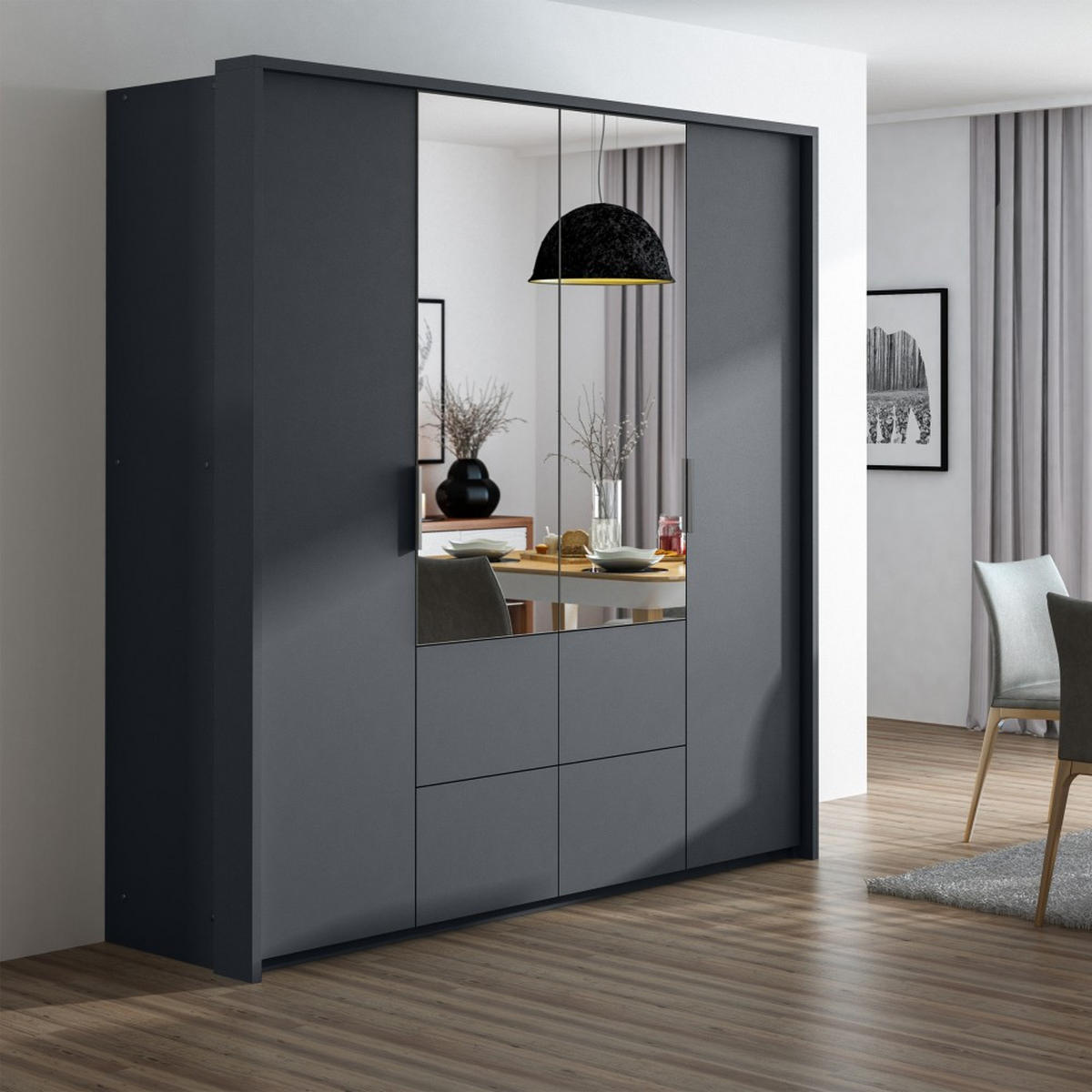 DREHTÜRENSCHRANK Vivaro mit 2 Türen und 4 Schubladen, 208 cm, Graphit - Graphitfarben, Holzwerkstoff (208/215/65cm) - Beautysofa