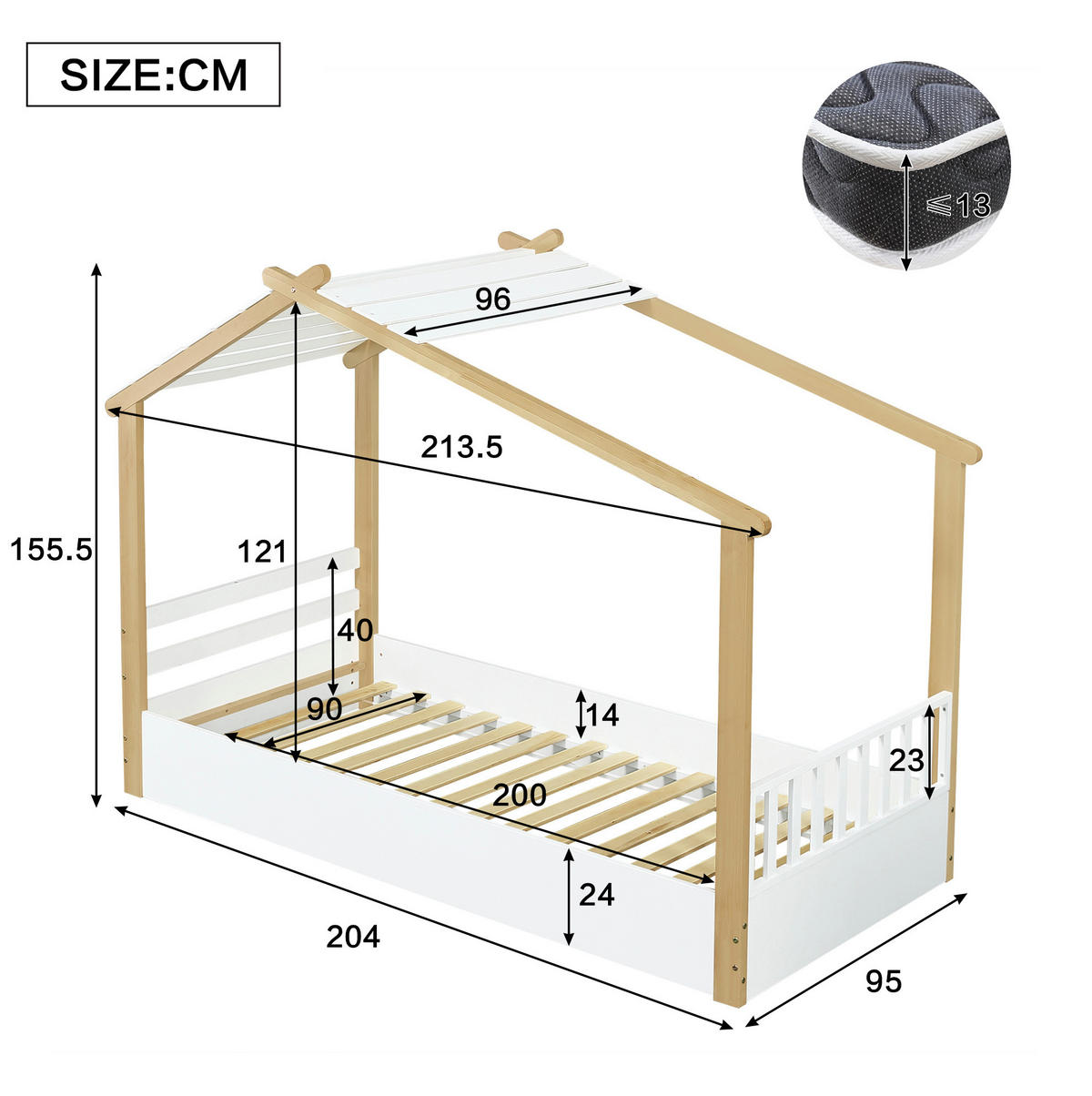 KINDERBETT 90/200 cm, Weiß/Natur mit Hausdesign, Lattenrost, ohne Matratze - Weiß, Holz (90/200cm) - MIVRAY