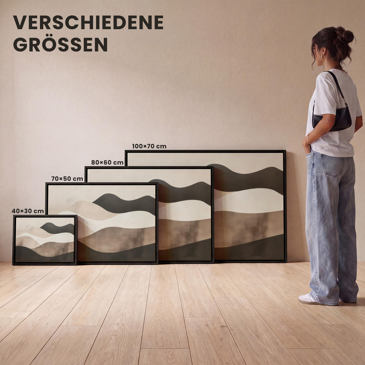 LEINWAND Bilder mit Rahmen - Abstrakt - Landschaft - Wellen - Cremefarben - 70x50 - Cappuccino, Textil (70/50cm) - MuchoWow