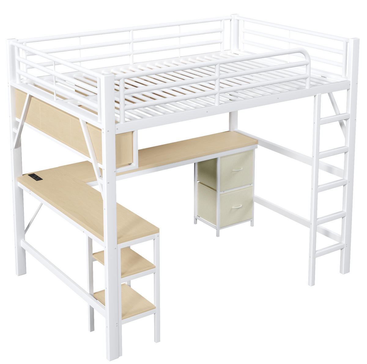 HOCHBETT 140/200 cm aus Metall und MDF mit Schreibtisch LED und USB Weiß - Weiß, Holzwerkstoff (140/200cm) - Modenvie