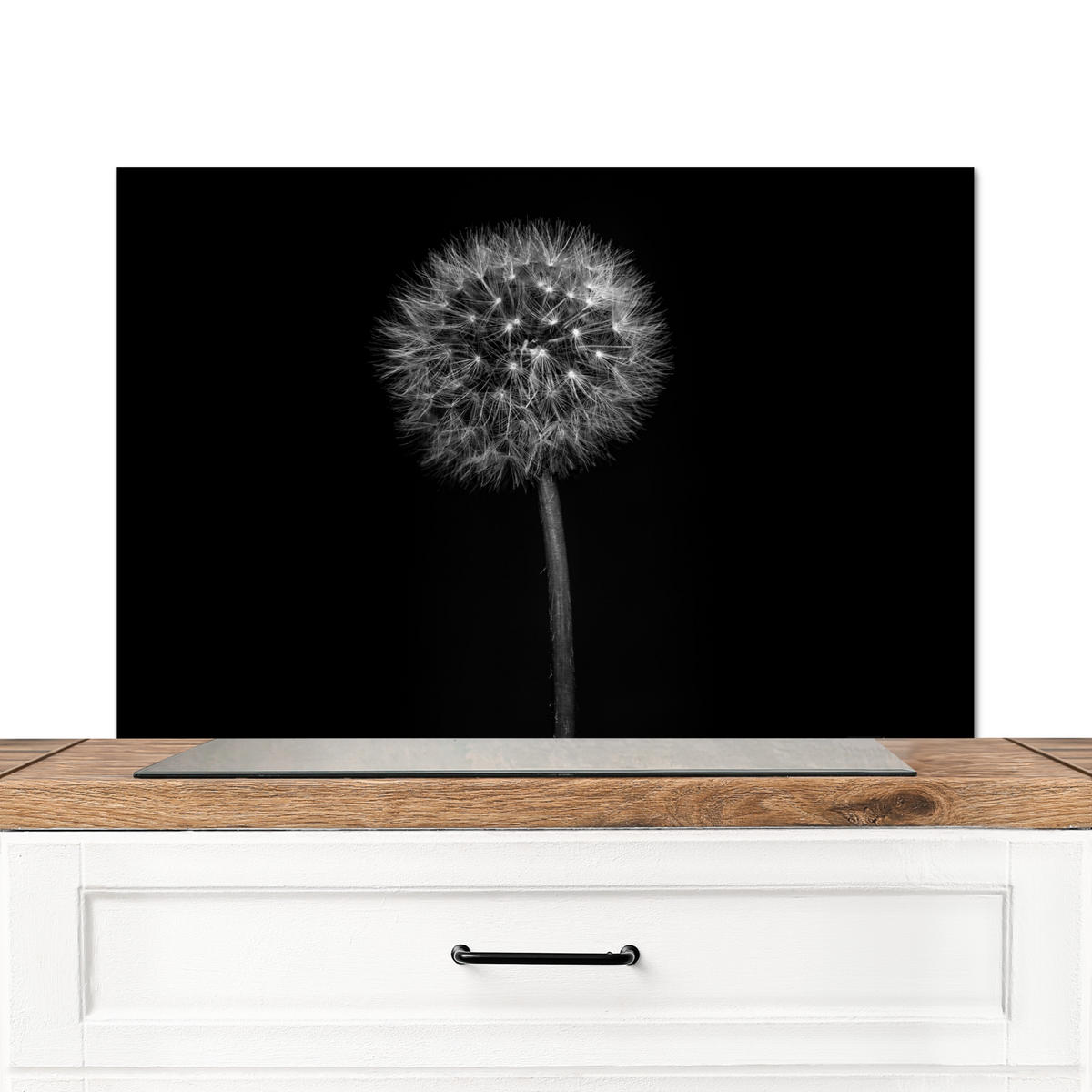 SPRITZSCHUTZ KÜCHE Löwenzahn - Schwarz - Floral - Botanisch 90x60 cm - Grau, Metall (90/0.3/60cm) - MuchoWow