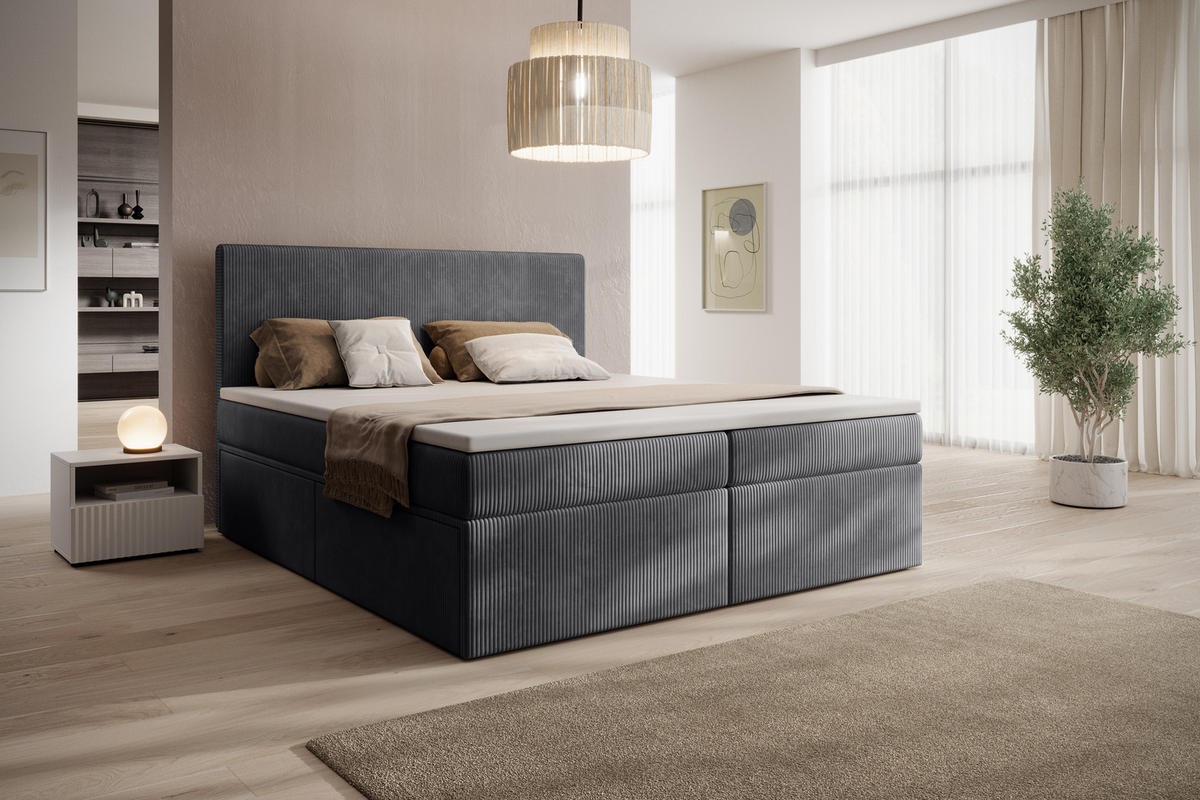 BOXSPRINGBETT Siena mit Schubladen und Topper, POSO-Cordstoff, 180x200 cm, Dunkelgrau - Dunkelgrau, Holz - PROMETO Möbel