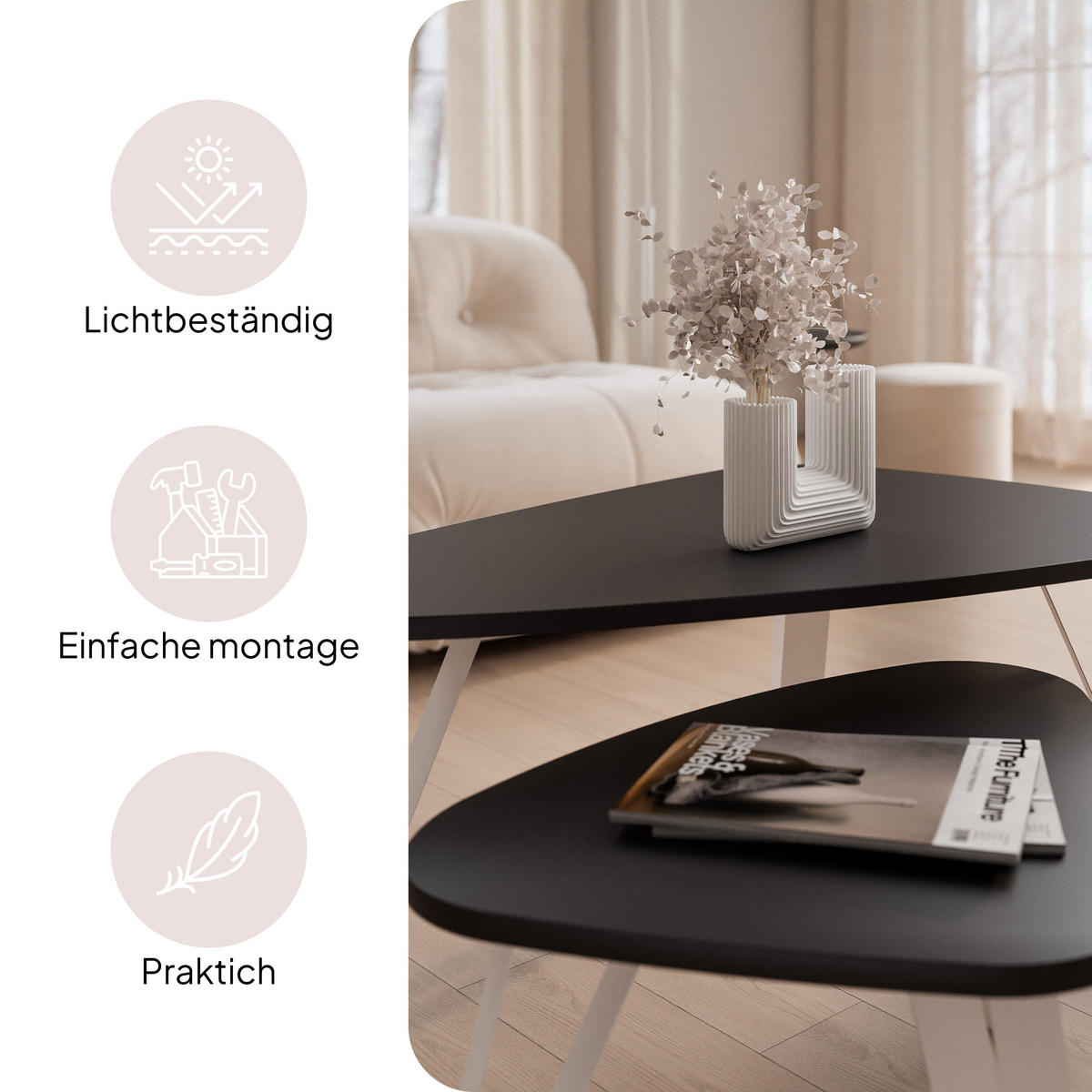 SATZTISCH NOA Stahlgestell, Freiform, Kaschmir / Schwarz Molet - Kaschmir/Schwarz, Holzwerkstoff/Metall (94/60/42cm) - Idohome