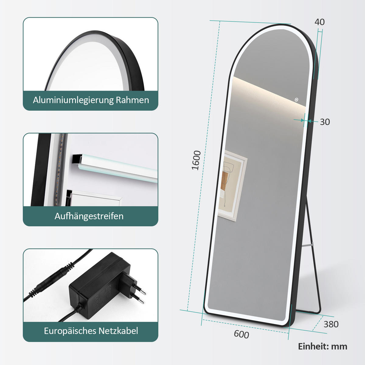 STANDSPIEGEL mit Beleuchtung und Rahmen Schwarz 160/60 cm - Schwarz, Glas/Metall (60/160/160cm) - EMKE