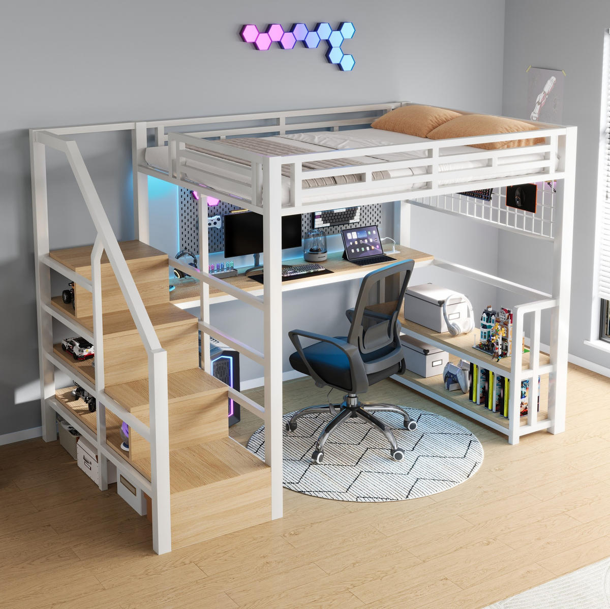 HOCHBETT 140/200 cm mit Schreibtisch, LED-Lichtleiste, USB und Stauraumtreppe aus Metall/MDF, Weiß - Weiß, Metall (140/200cm) - Redom