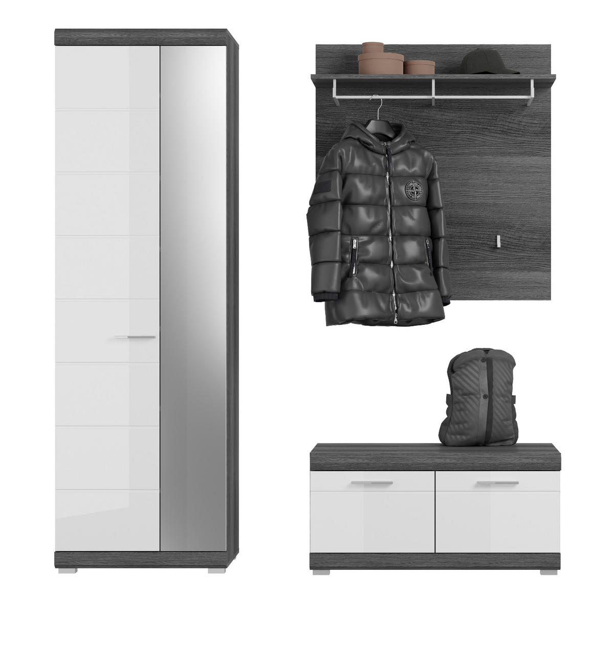 GARDEROBE Set 3-teilig weiß Hochglanz und grau, Garderobenkombination mit Schuhschrank - Chromfarben/Weiß Hochglanz, Holzwerkstoff/Kunststoff (167/197/40cm) - Inn.Furn