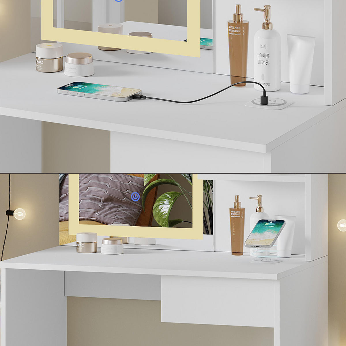 SCHMINKTISCH Dekos Weiß 75 cm mit LED-Spiegel und QI-Ladestation - Weiß, Holzwerkstoff (75/141/40cm) - Vicco