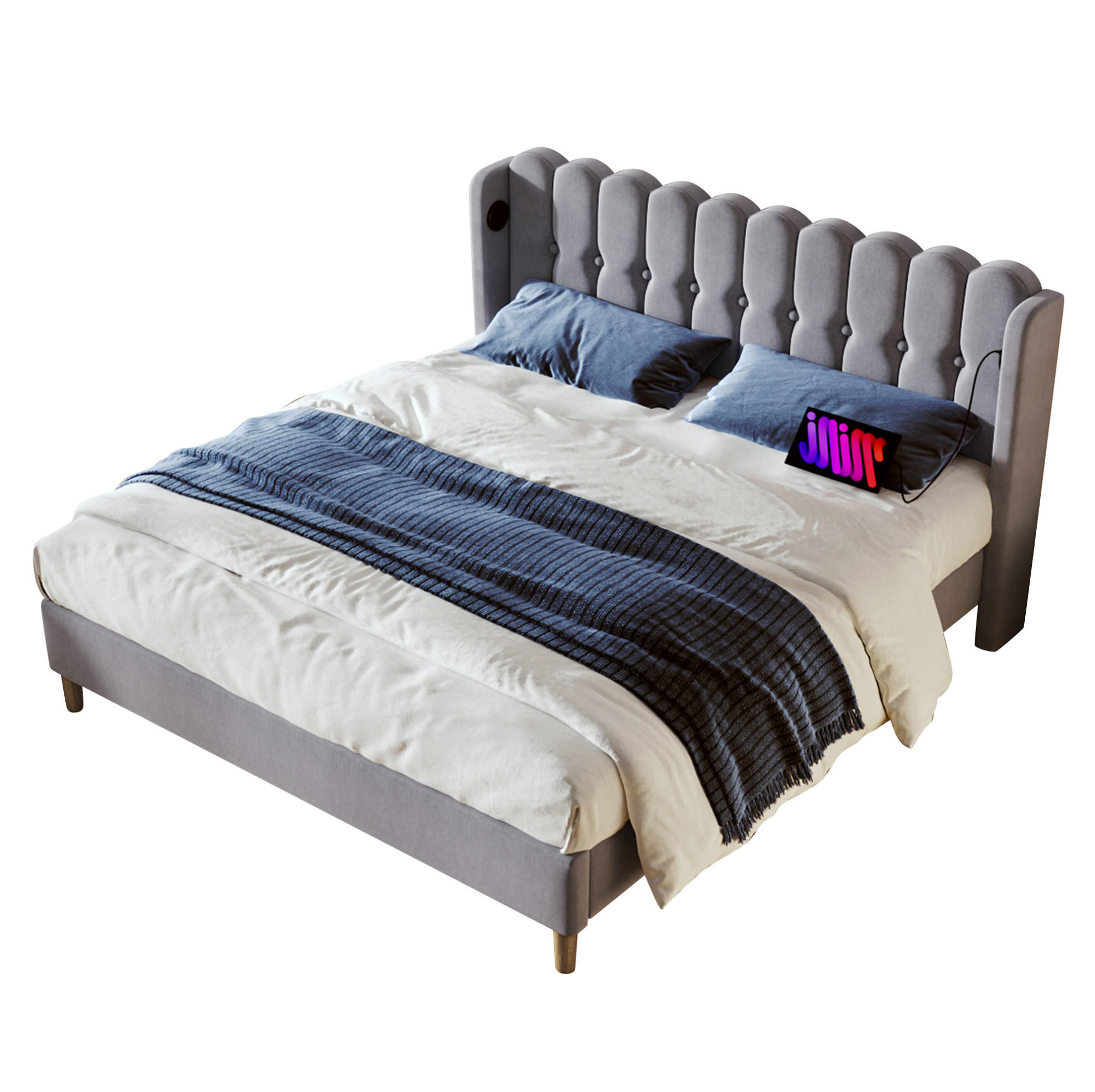 POLSTERBETT 160/200 cm mit USB- und Typ-C-Anschluss, gepolstertem Kopfteil und Matratze, Grau - Grau, Textil (160/200cm) - Redom