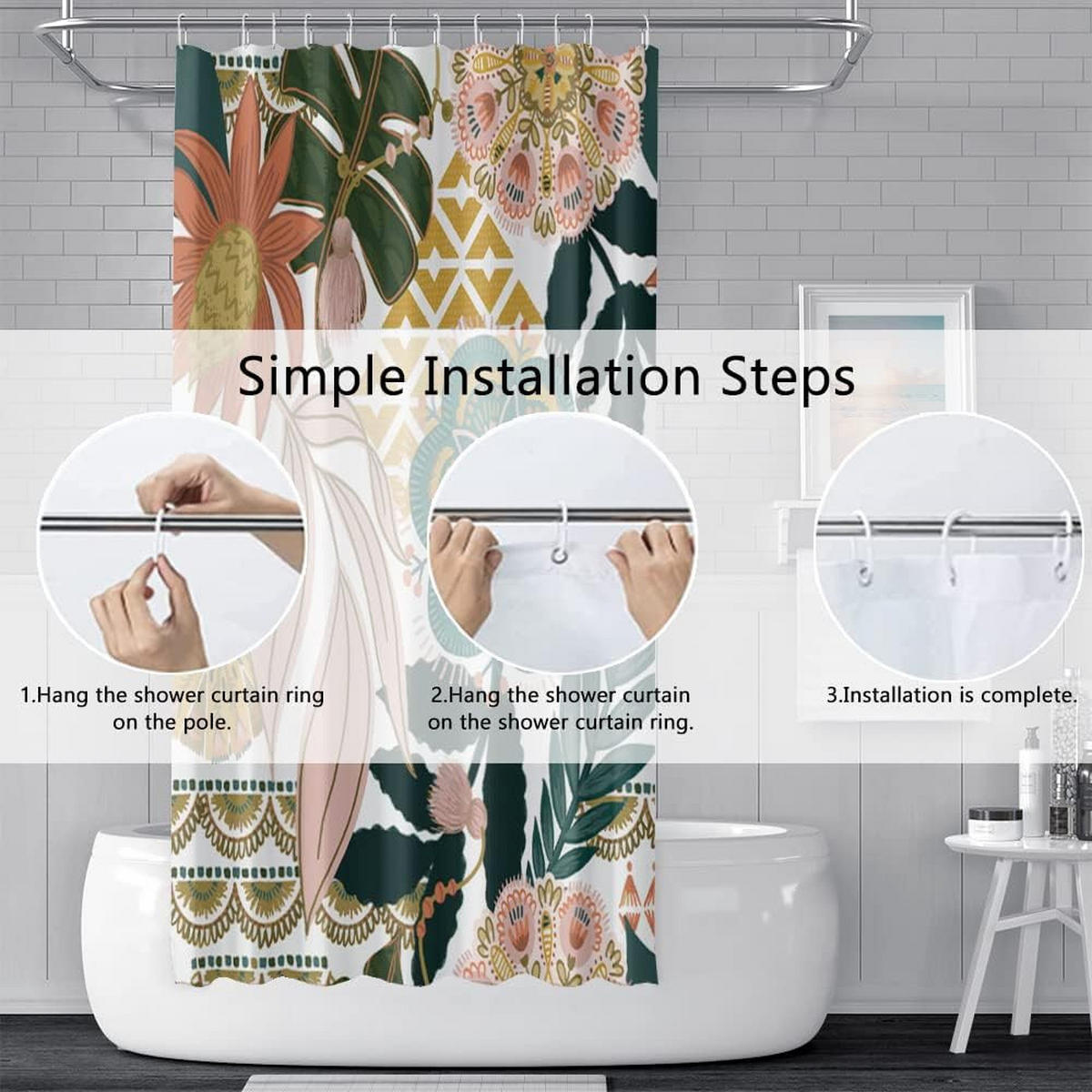 DUSCHVORHANG Rosa Boho Blumen Blatt Grün Badewanne schimmelresistent wasserdicht Stoff waschbar Badezimmer - Multicolor, Textil (180/180cm) - MCBOSON