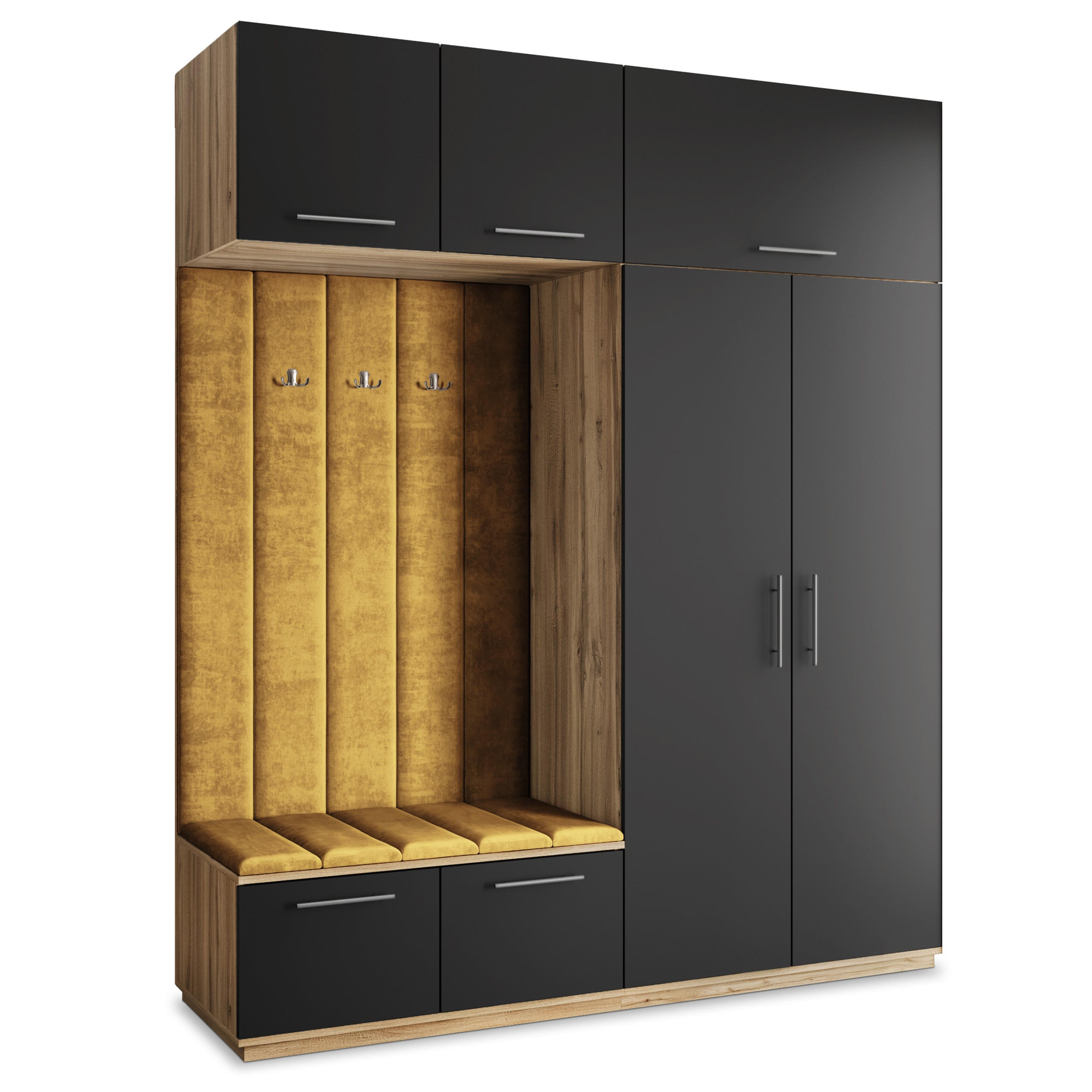 Masseno Garderobenschrank Eiche Wotan, Schwarz, Gelb 200x240x60 cm