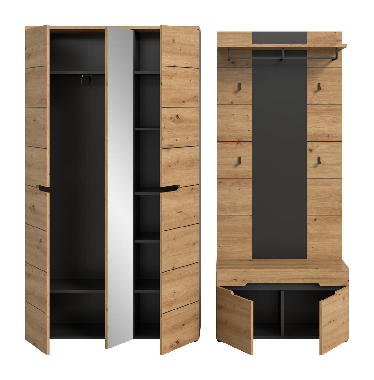 GARDEROBEN-SET CANU (B/H/T: ca. 200/190/37 cm) in Basalt grau/Artisan Nachbildung - Grau, Holzwerkstoff (200/190/37cm)