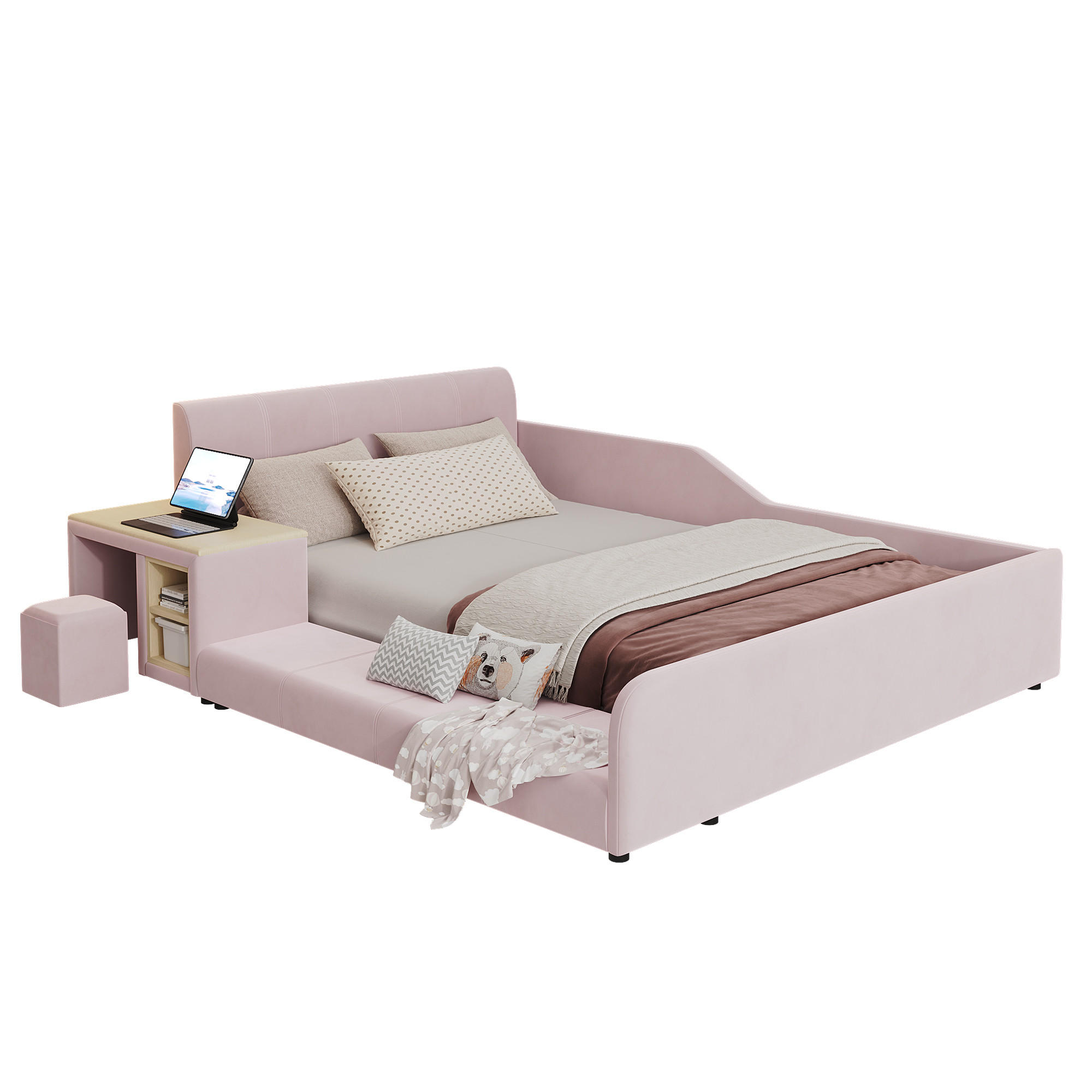 POLSTERBETT 140/200 cm in Pink mit Schreibtisch, Hocker und Ablageboden aus Samt - Kinderzimmer mit Stil - Rosa, Holzwerkstoff/Textil (140/200cm) - STILVORA