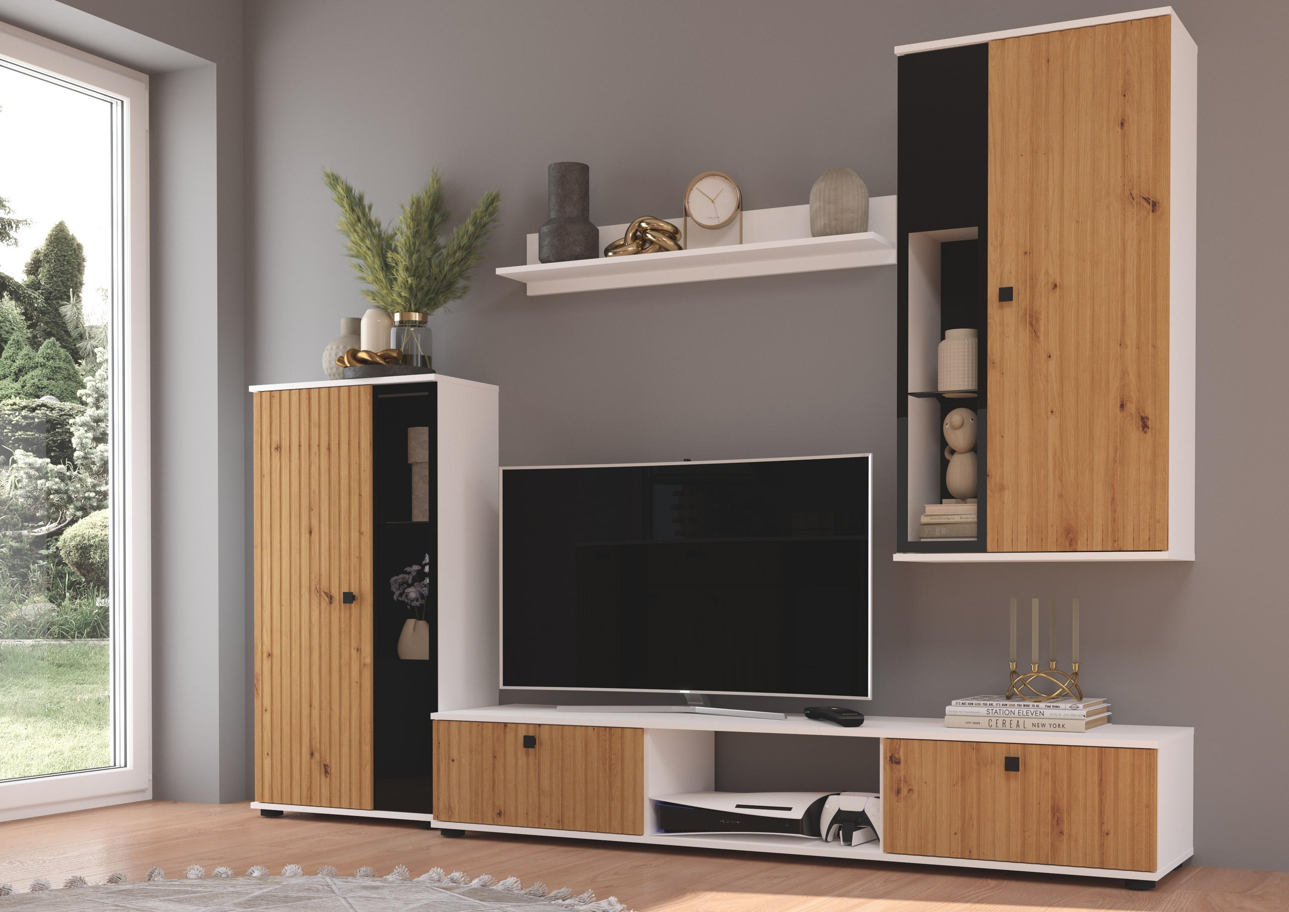 WOHNWAND Formilo Weiß, Artisan 294/180/40 cm Hochwertige mit Lamellen - Hellbraun/Weiß, Holzwerkstoff/Kunststoff (180/294/40cm) - AX Living