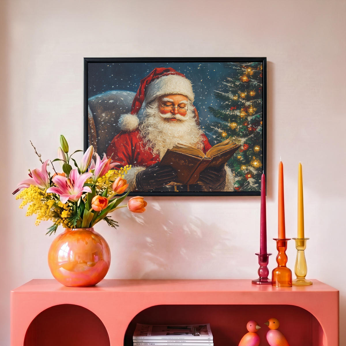 LEINWAND Bilder mit Rahmen - Weihnachtsmann - Weihnachten - Winter - Weihnachtsbaum - 40x30 - Bordeaux, Textil (40/30cm) - MuchoWow