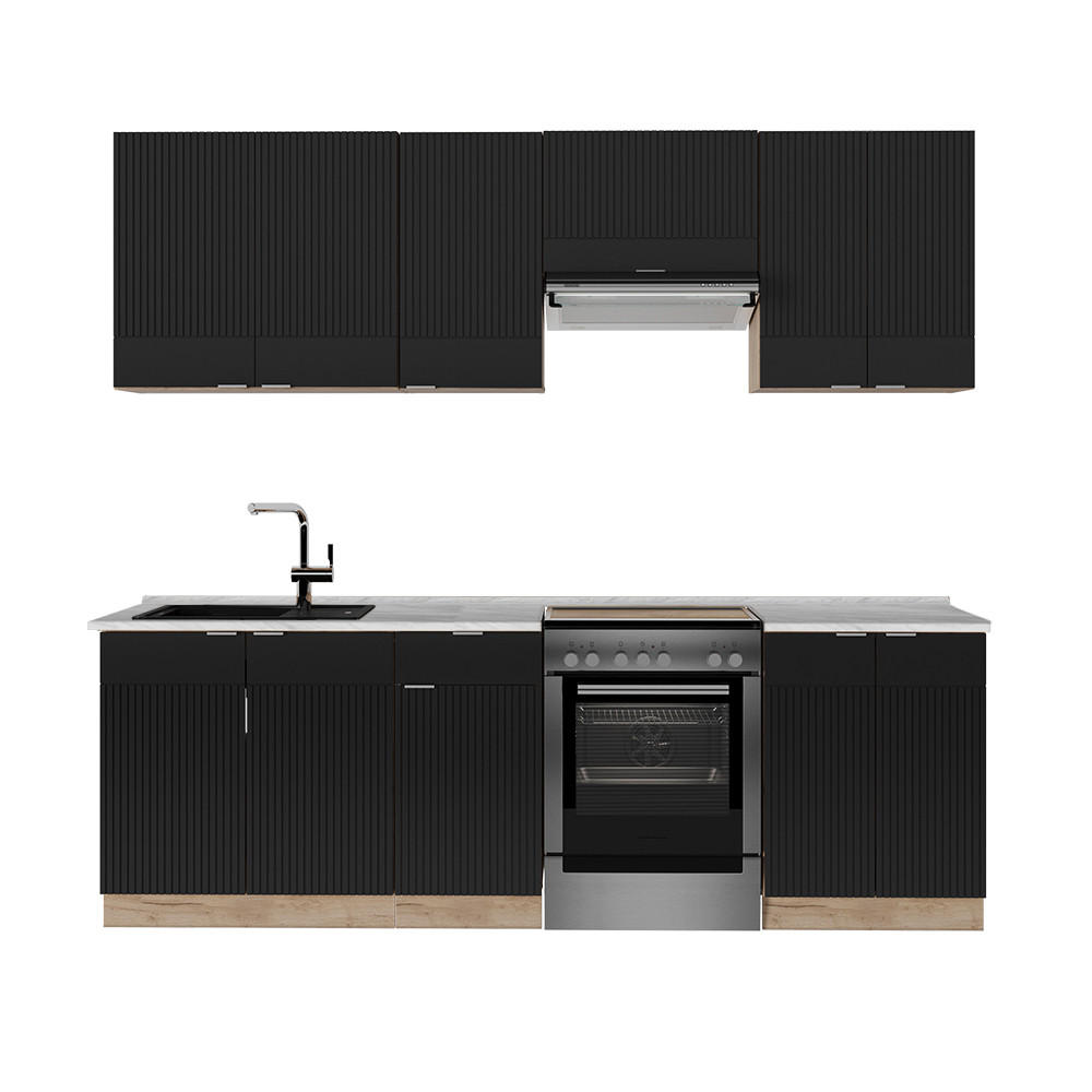 KOMPLETNÍ KUCHYNĚ Fame-Line, černé pruhy/dub Goldkraft, 240 cm, AP mramor - medově dubová/černá, kompozitní dřevo (240/81.6/60cm) - Vicco