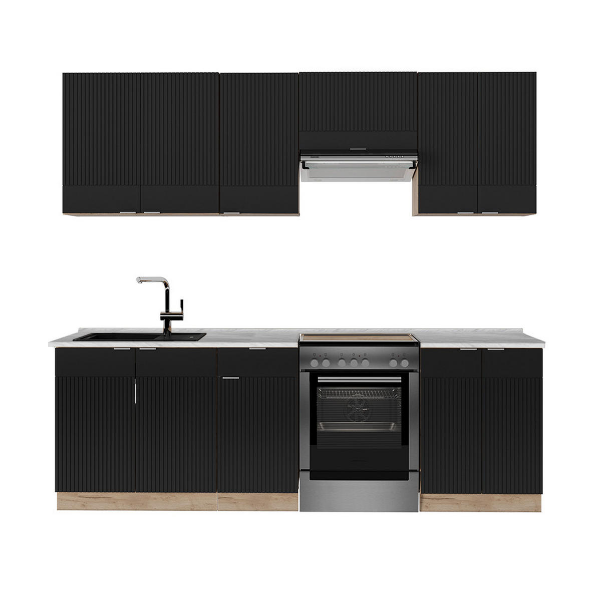 KÜCHENZEILE Fame-Line, Schwarz gestreift/Goldkraft Eiche, 240 cm ohne Arbeitsplatte - Honigeiche/Schwarz, Holzwerkstoff (240/81.6/46cm) - Vicco