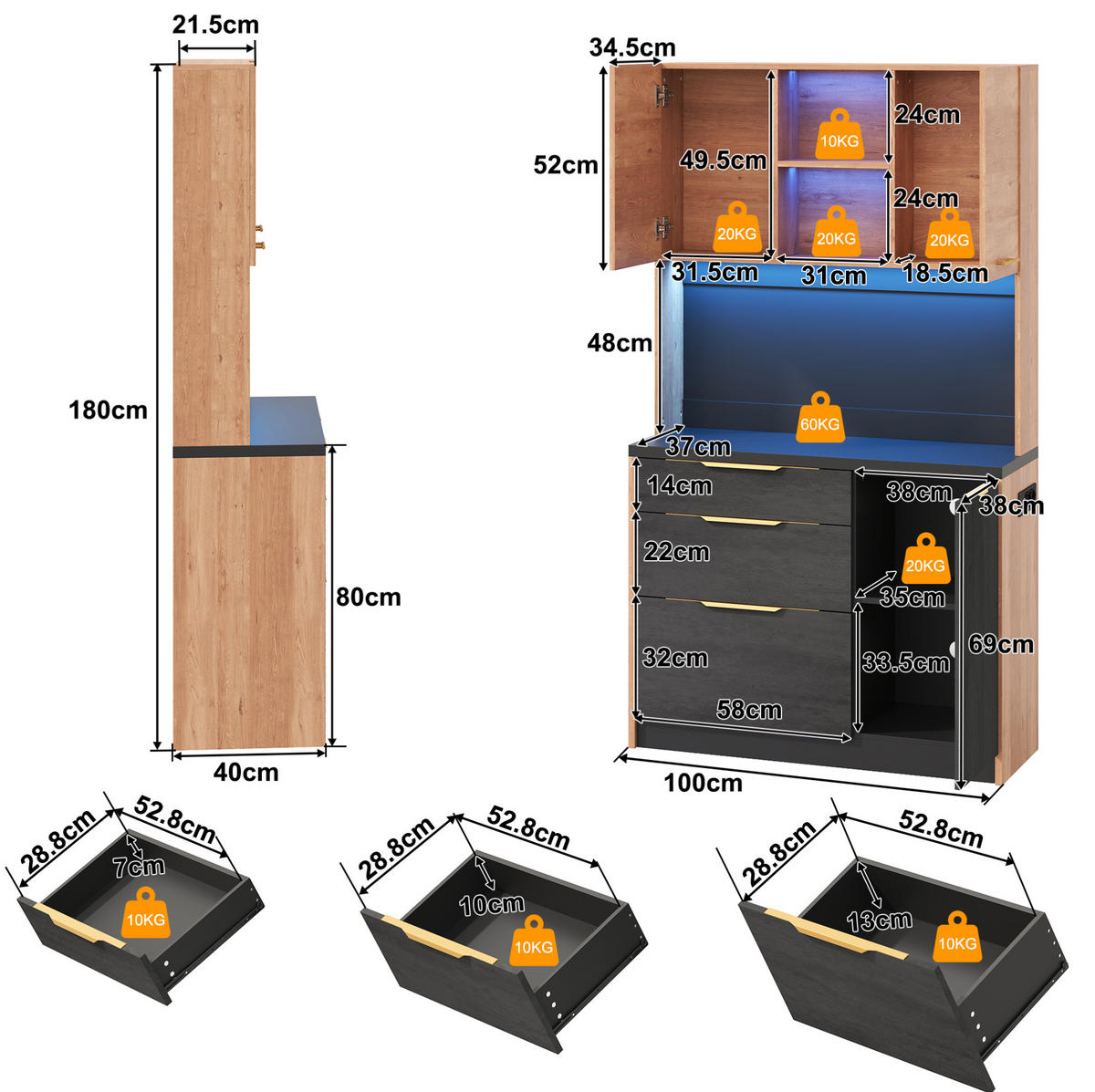 BUFFET 100/40/180 cm aus MDF mit LED-Beleuchtung Grau - Naturfarben, Holzwerkstoff (100/180/40cm) - Modenvie
