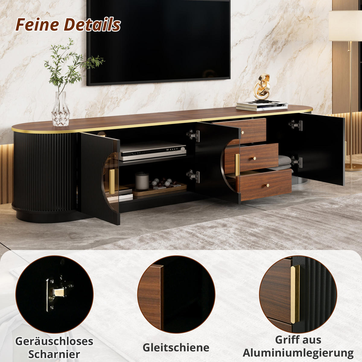 TV-ELEMENT 180/40/46 cm Schwarz mit 3 Schubladen und Aluminiumgriffe - Schwarz, Holz (180/46/40cm) - Oxeza