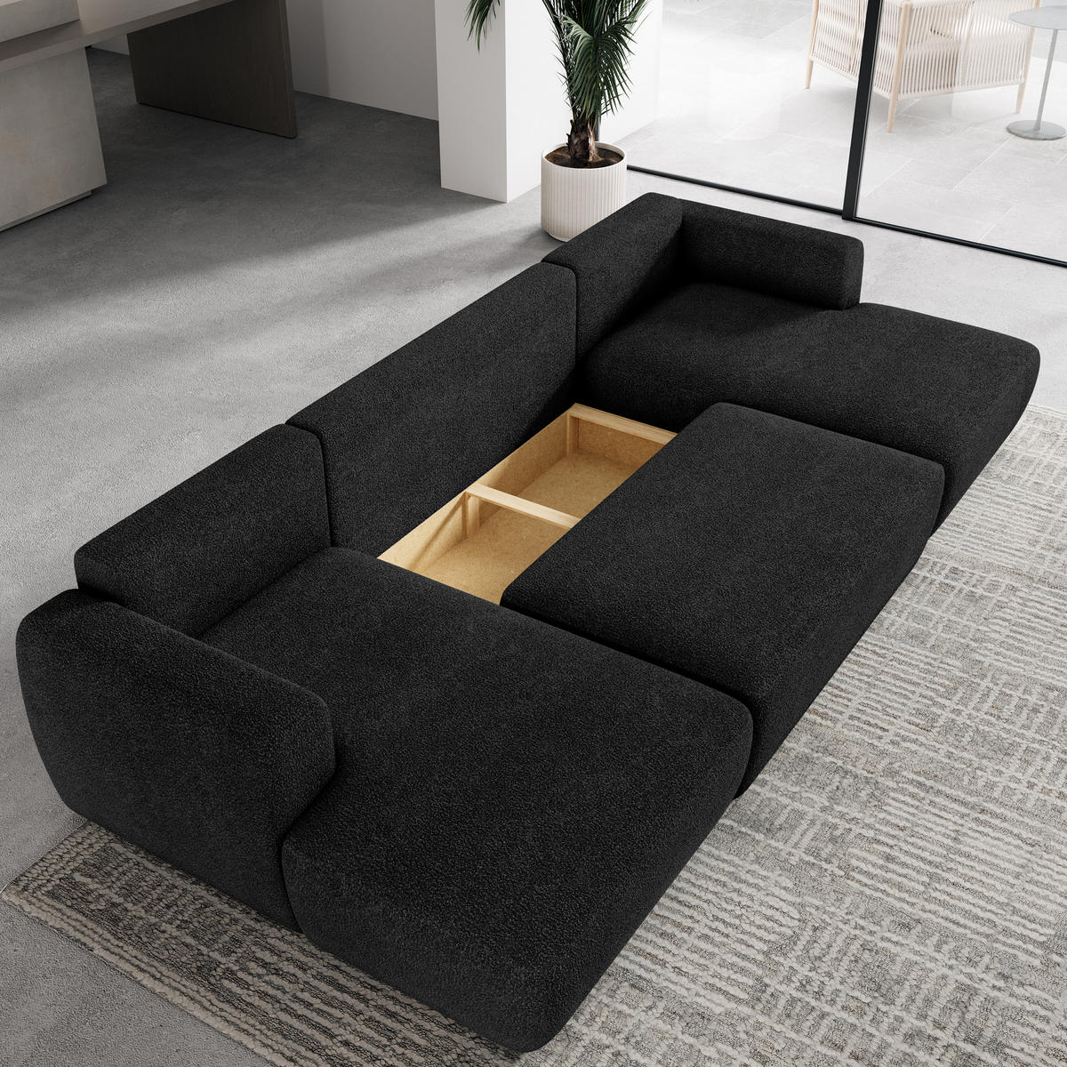 WOHNLANDSCHAFT SENTUM N Schwarz Boucle-Stoff mit Schlaffunktion - Schwarz, Holz (330/90/148cm) - MASSENO