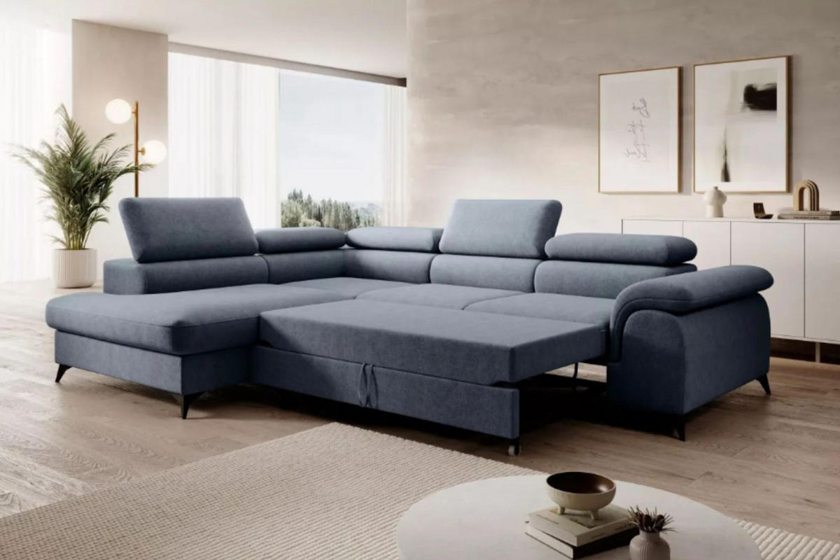 ECKSOFA PLAZA L Links mit Schlaffunktion 125x195 Velours Blaugrau - Blaugrau/Schwarz, Holz/Kunststoff (205/275cm) - Muffo