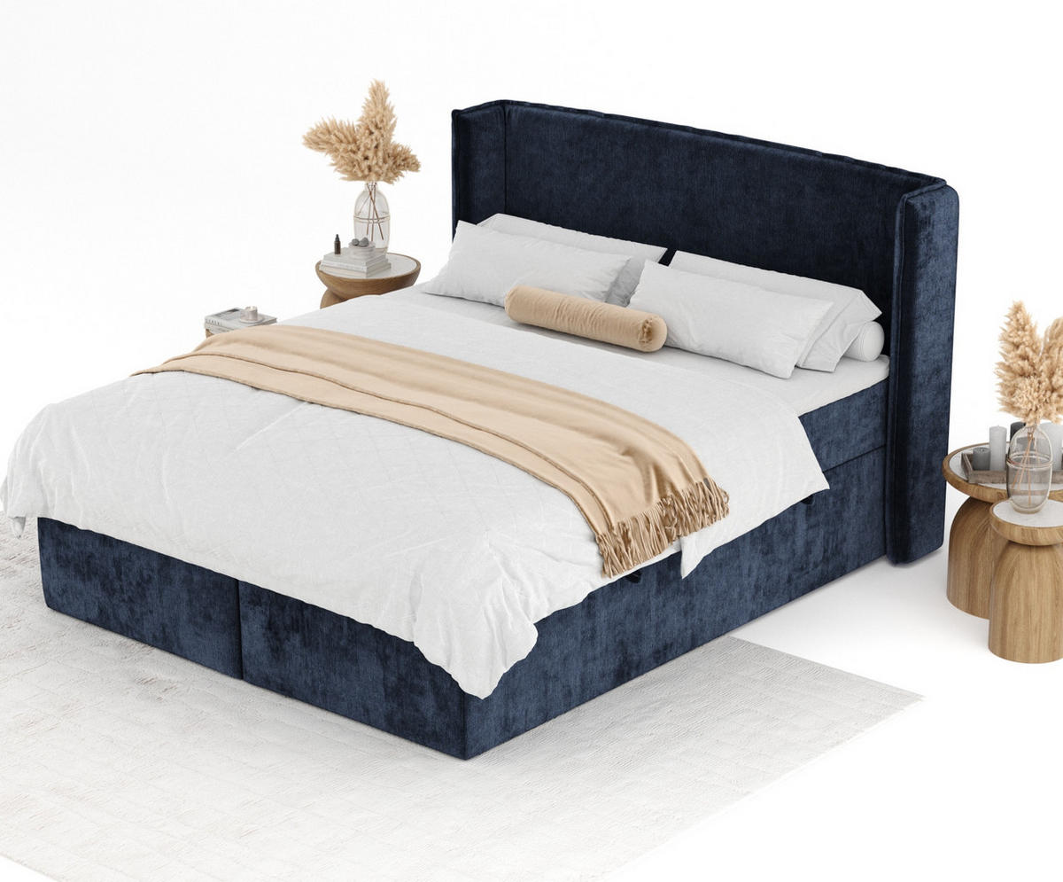 BOXBETT Skyline Marineblau 160/200 cm mit Matratze und Topper - Schwarz/Dunkelblau, Holz/Holzwerkstoff (160/200cm) - Maison de Reve