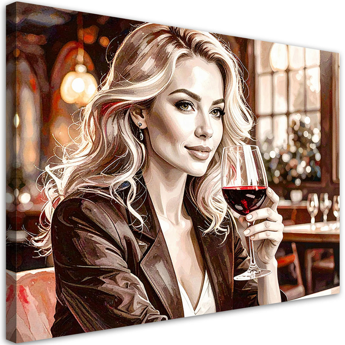 LEINWANDBILD Frau Restaurant Rotwein 120x80cm - Beige, Textil (120/80cm) - Feeby