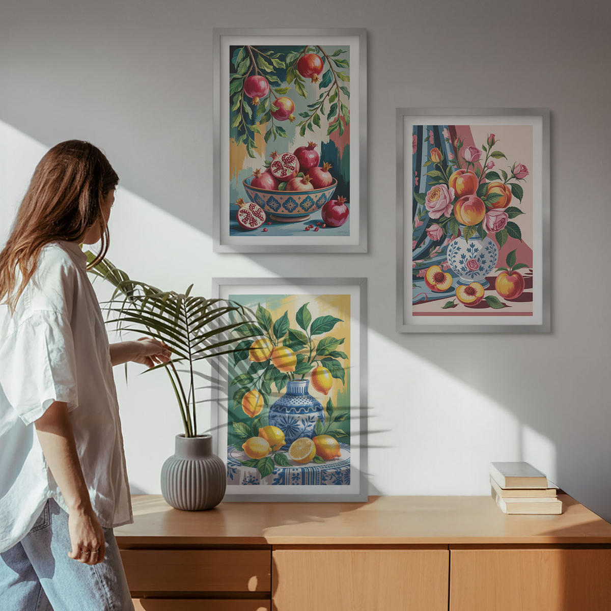 BILDER SET 3er Set - 40x60 cm Silberner Rahmen - Blumen und Früchte in Vasen - Silberfarben, Kunststoff (40/60cm) - TULUP