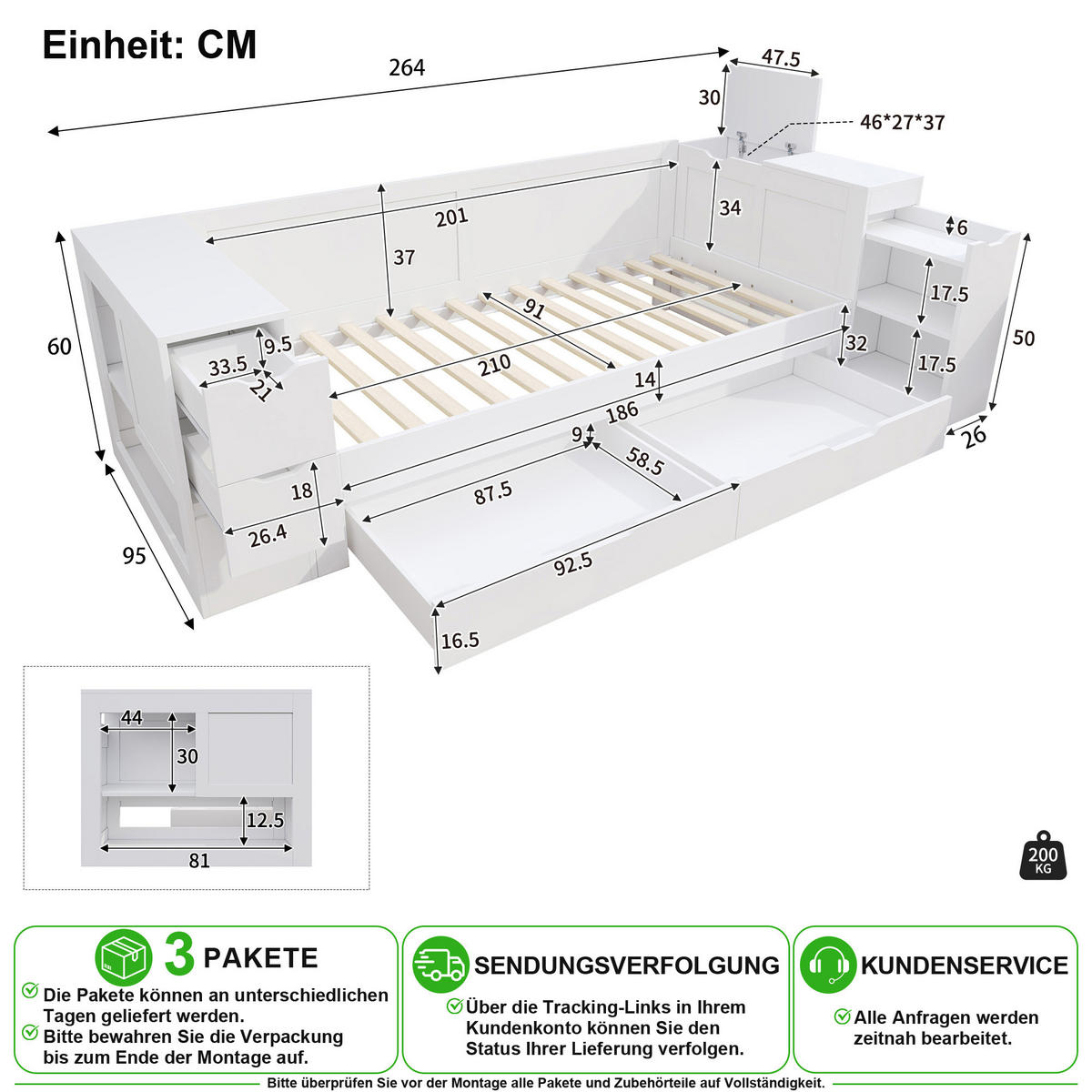 KINDERBETT 90/200 cm in Weiß mit Schublade, Regal und Nachttisch aus MDF - Weiß, Holzwerkstoff (90/200cm) - CHICFURN