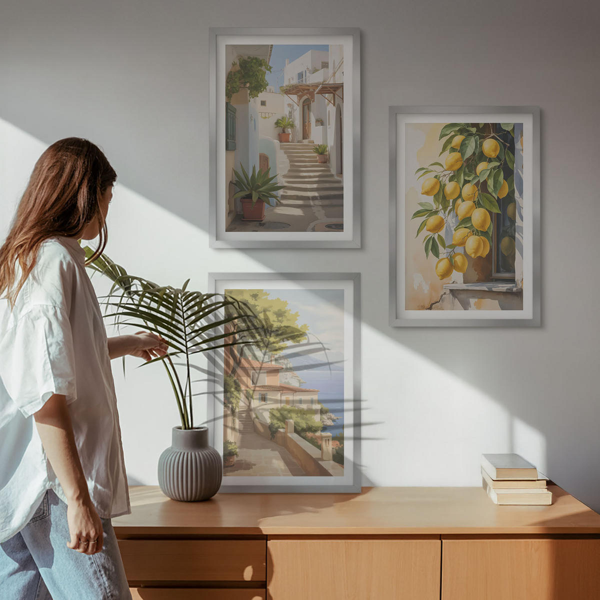 BILDER SET 3er Set - 40x60 cm Silberner Rahmen - Lemon Streets Meerblick - Silberfarben, Kunststoff (40/60cm) - TULUP