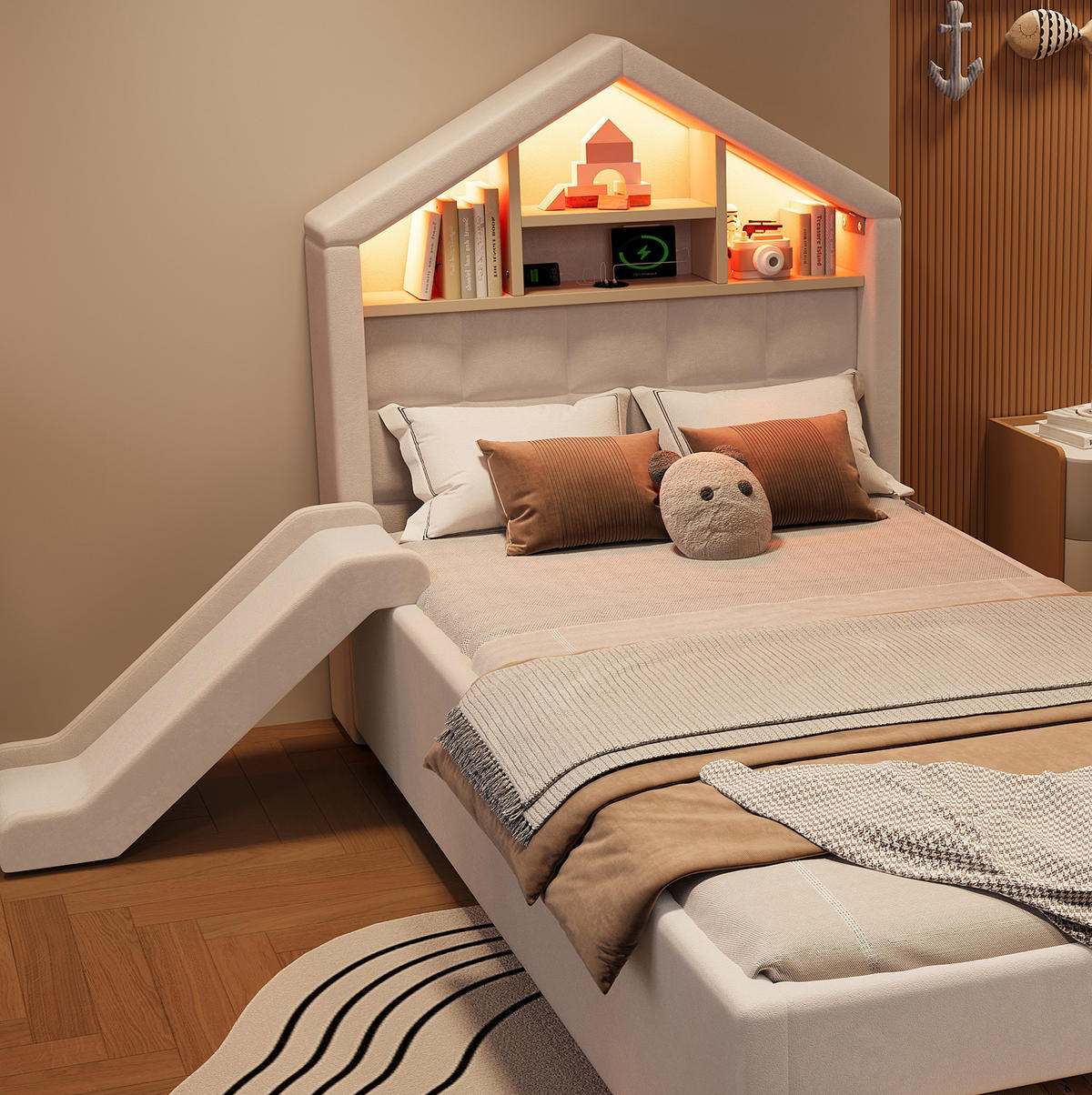 KINDERBETT-POLSTERBETT aus Samt 90x200 cm Beige mit LED-Beleuchtung, Ladeanschluss, Rutsche und Bettkasten - Beige, Textil (90/200cm) - Modfu