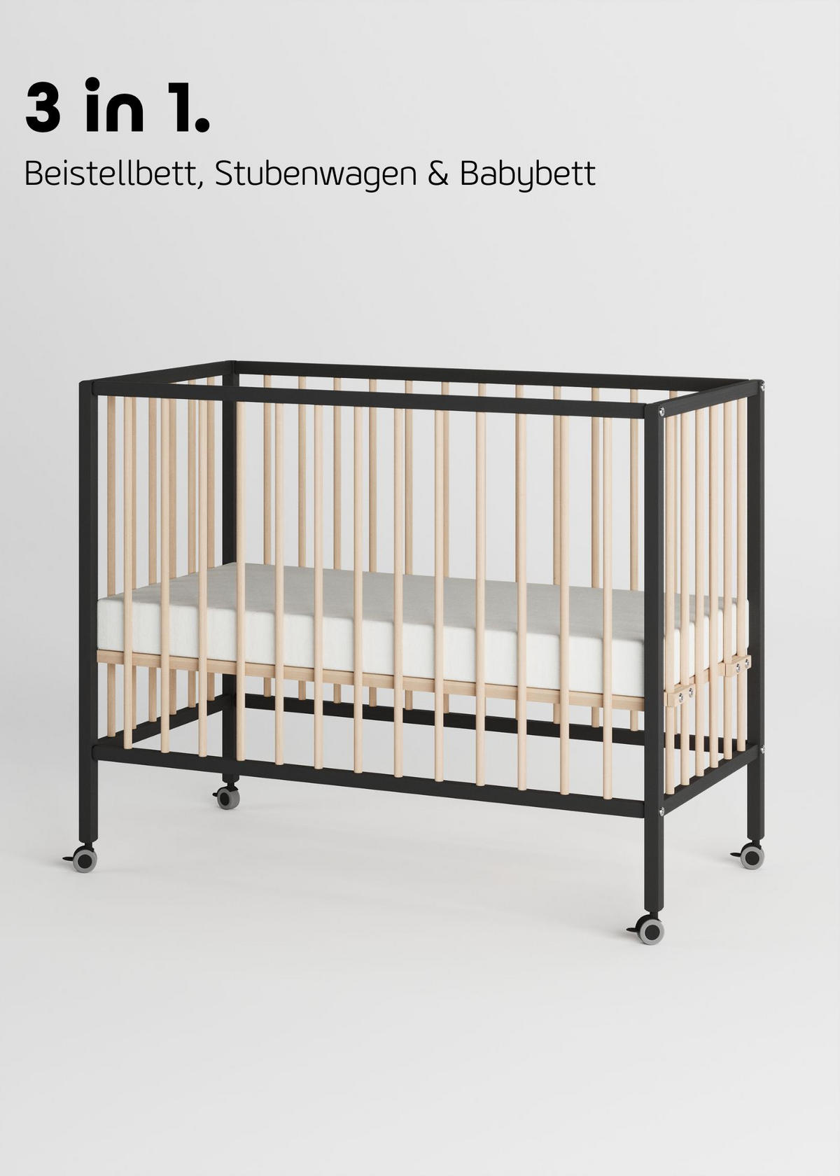 BEISTELLBETT Matratze Cloud Air Rollen & Umbauseite schwarz/natur Dreamy 4in1 - Schwarz/Naturfarben, Holz (120/90/60cm) - Sämann – make a difference.