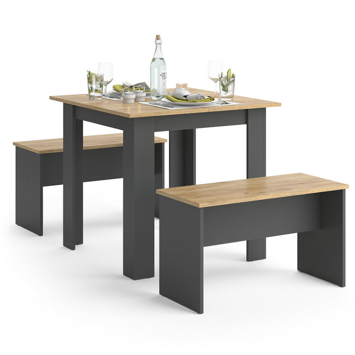ESSTISCH SET Sentio Anthrazit 80 x 80 cm mit 2 Bänken - Anthrazit, Holzwerkstoff (80/73/80cm) - Vicco
