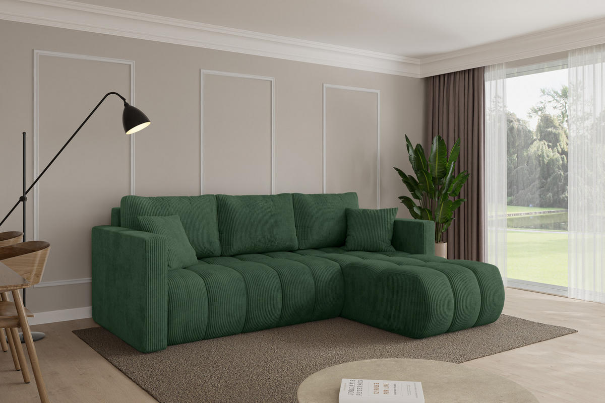 ROHOVÁ SEDAČKA s funkcí spaní, otoman vpravo GARD-L 226x146x85 zelená manšestr - černá/tmavě zelená, kompozitní dřevo/textil (226/146cm) - ALTDECOR