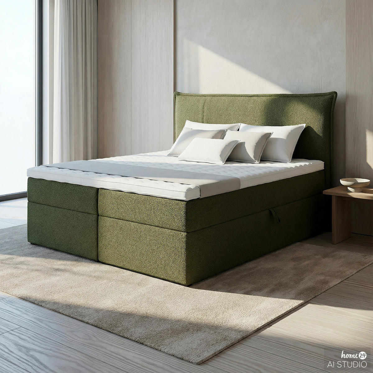 BOXBETT mit Stauraum - Bouclé - Olivgrün, Holzwerkstoff/Textil (180/200cm) - home24