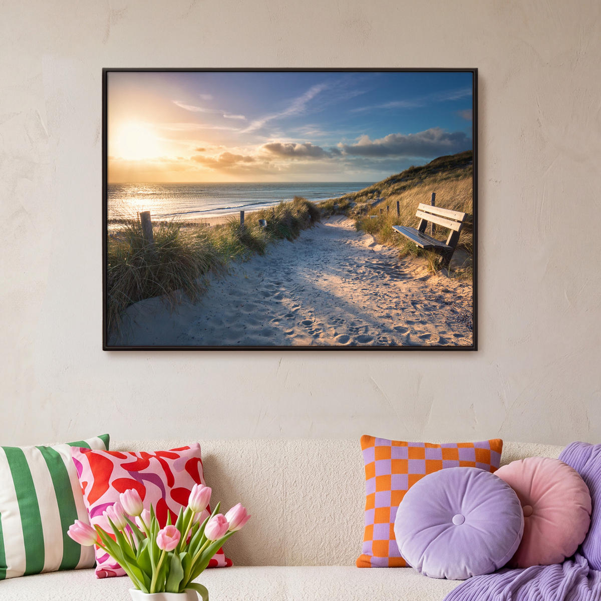 LEINWAND Bilder mit Rahmen - Sonnenuntergang - Strand - Düne - Gras - Ufer - 100x70 - Sandfarben, Textil (100/70cm) - MuchoWow